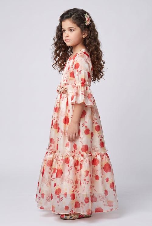Cream & Orange Floral Print Full-Length Gown G372