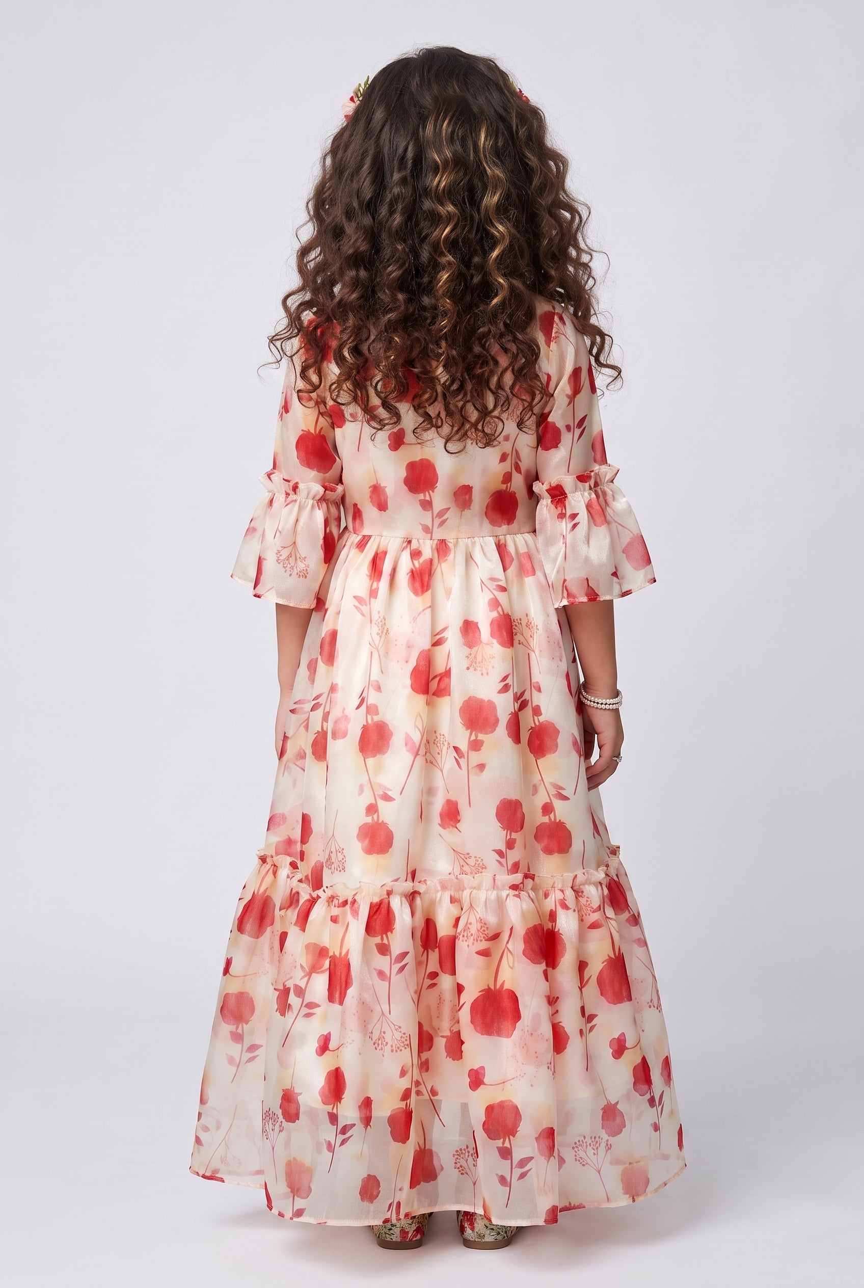 Cream & Orange Floral Print Full-Length Gown G372