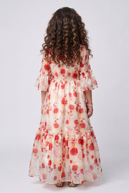 Cream & Orange Floral Print Full-Length Gown G372