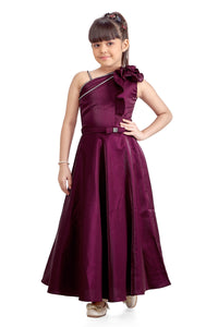 Tiny Girl Maroon One-Shoulder Party Wear Gown with Ruffle Detail