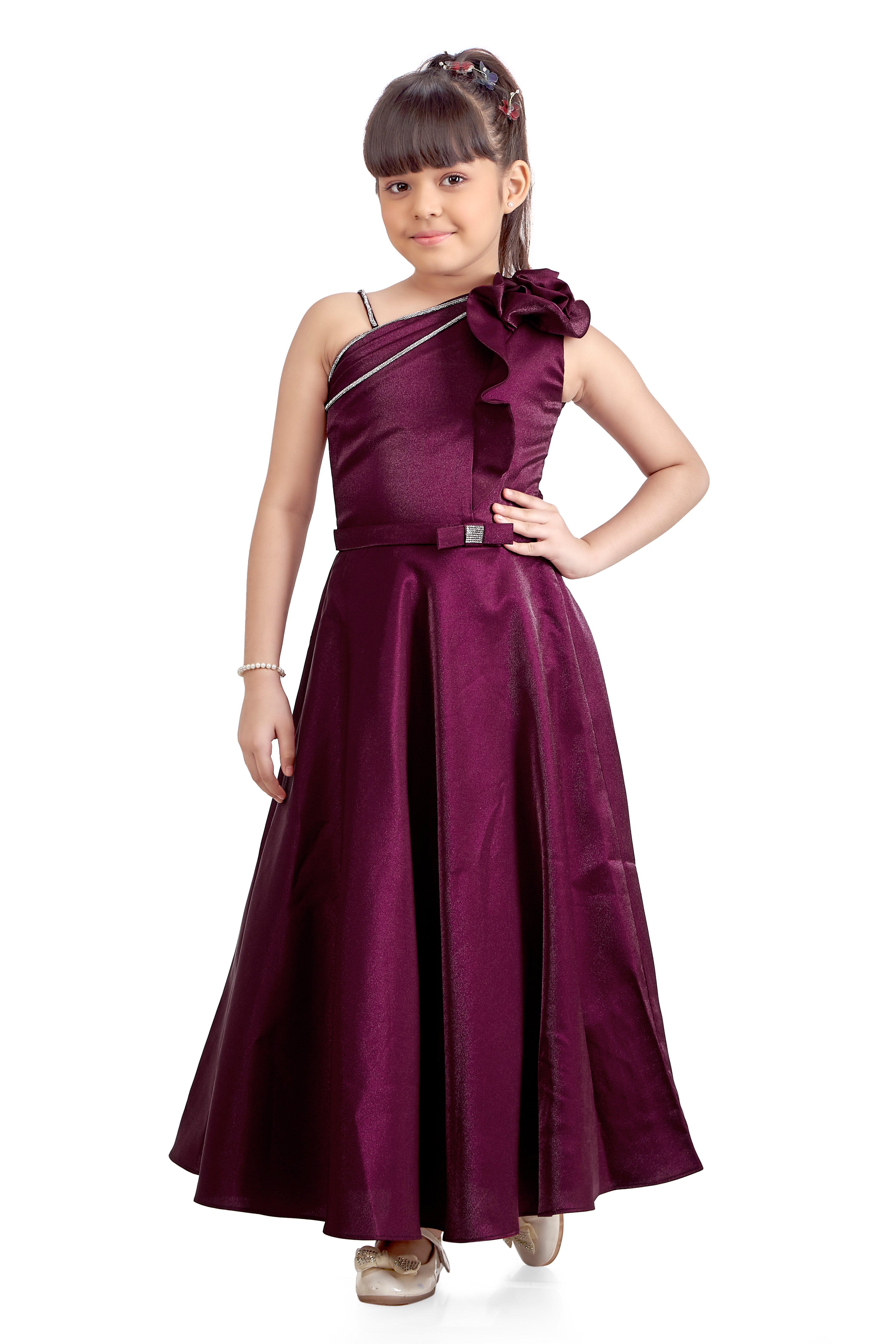 Tiny Girl Maroon One-Shoulder Party Wear Gown with Ruffle Detail