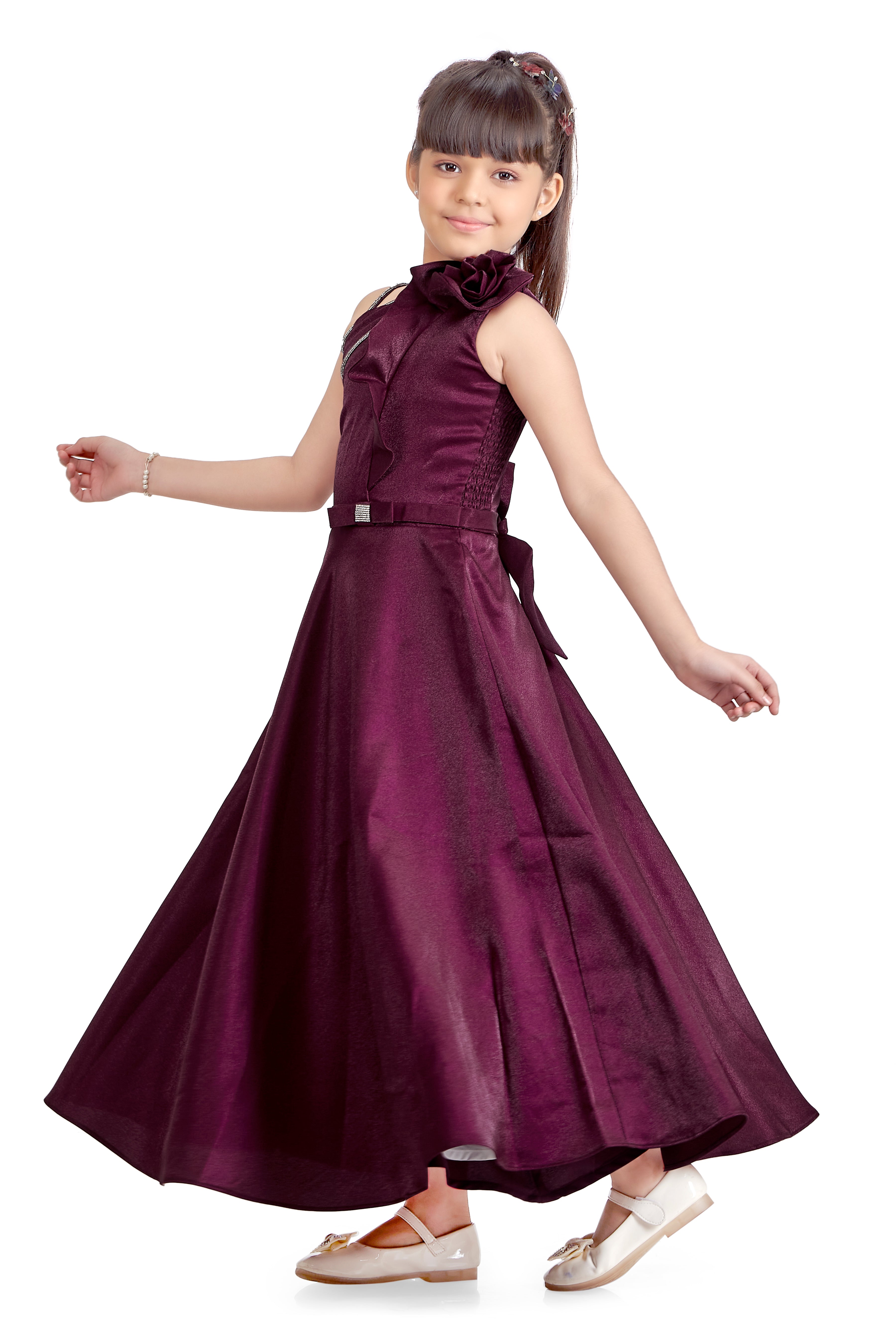 Tiny Girl Maroon One-Shoulder Party Wear Gown with Ruffle Detail