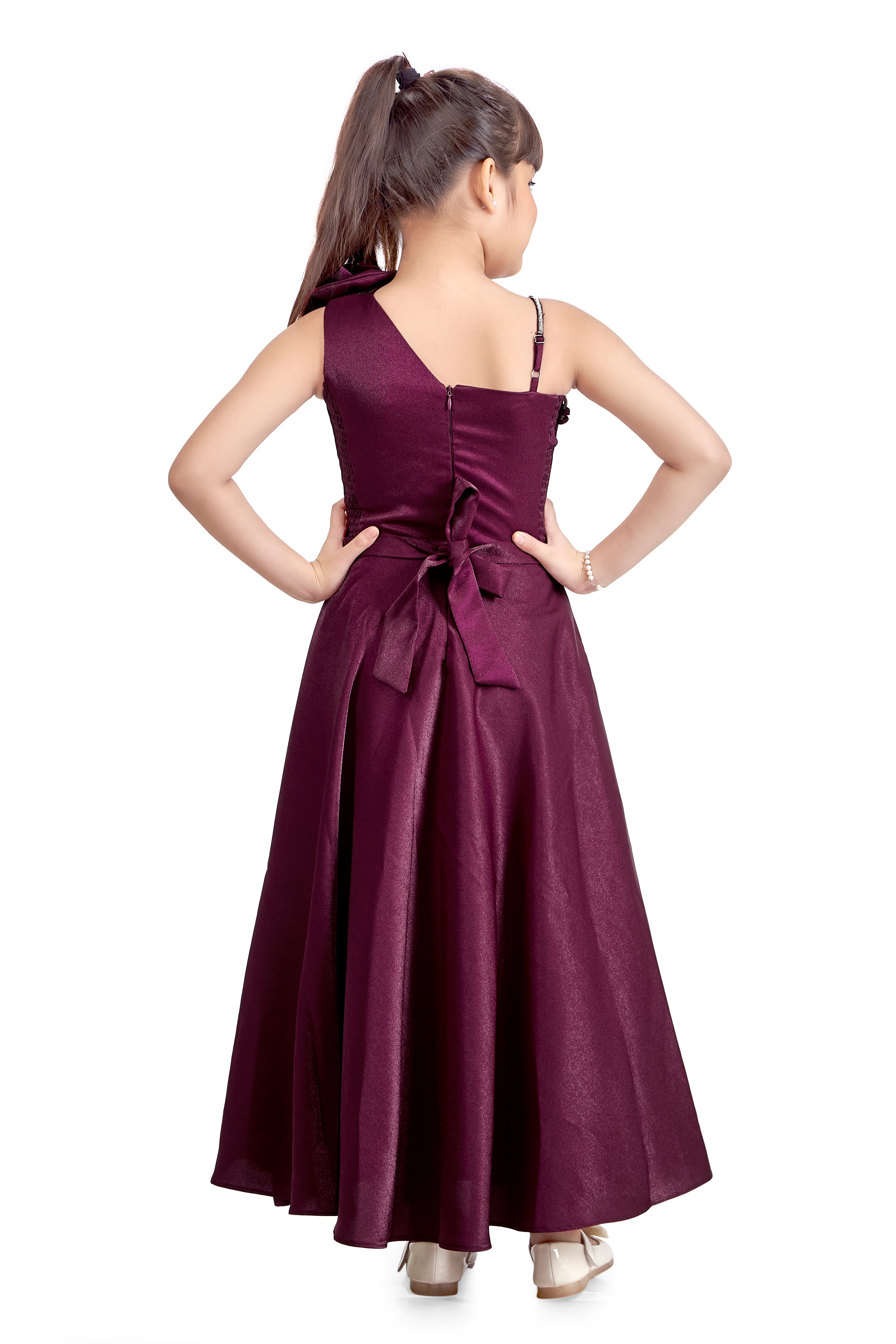 Tiny Girl Maroon One-Shoulder Party Wear Gown with Ruffle Detail