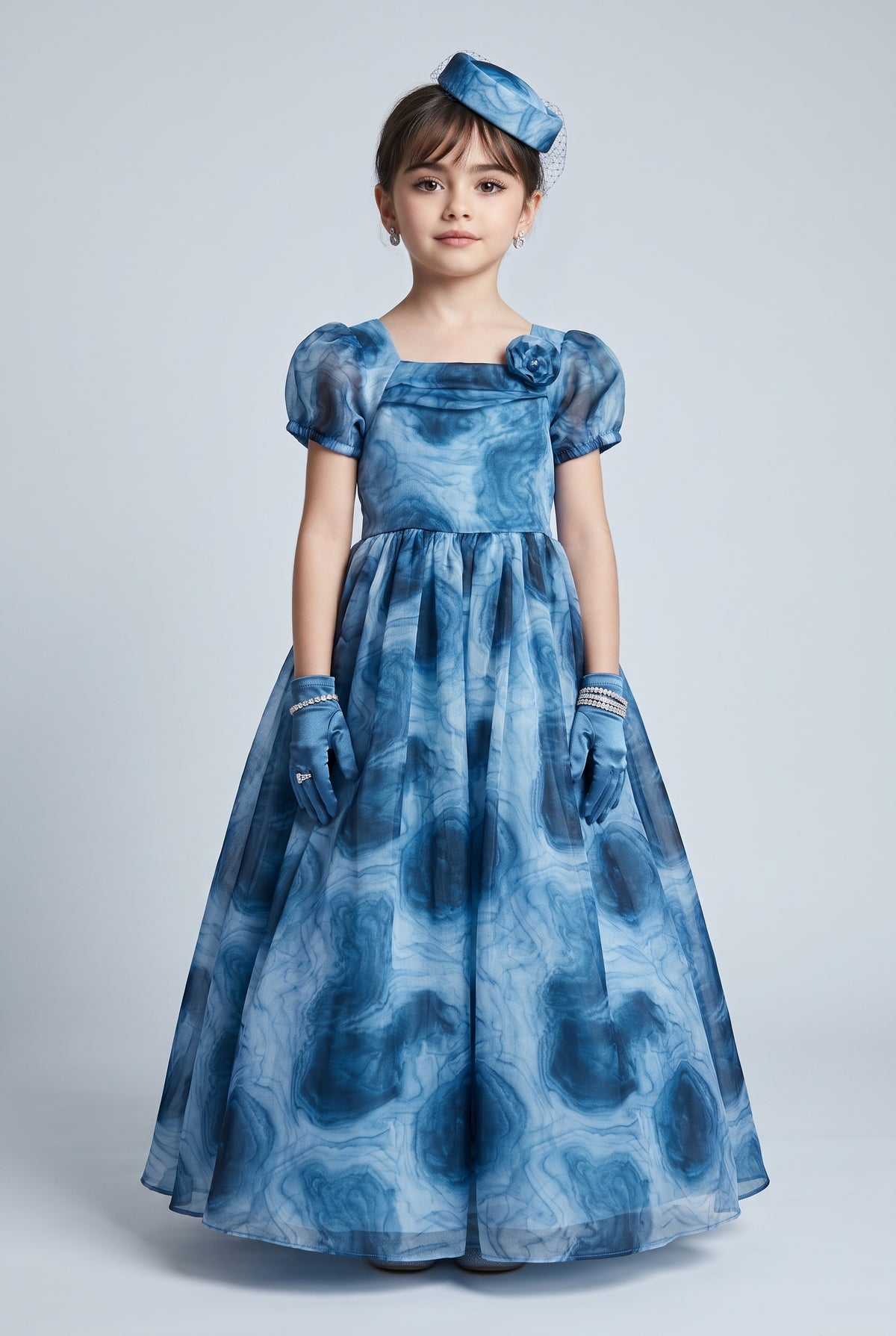 Blue Marble Print Organza Party Gown G393