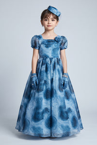 Blue Marble Print Organza Party Gown G393