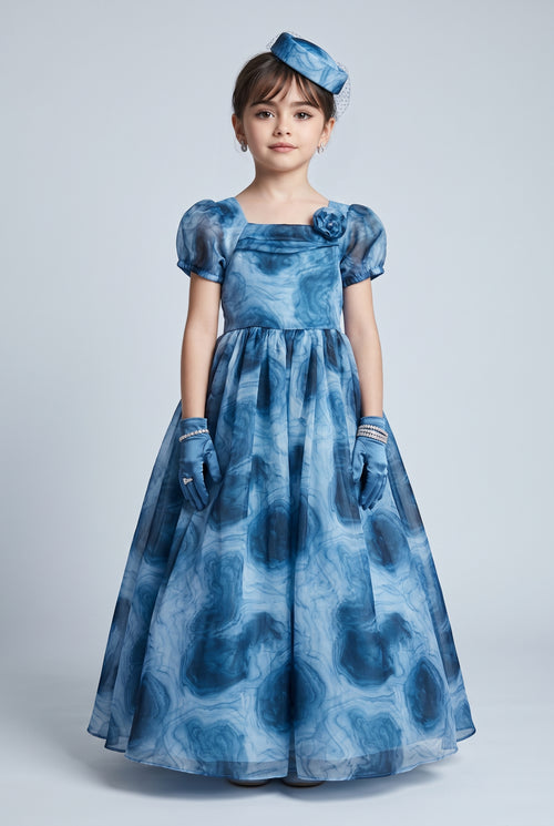 Blue Marble Print Organza Party Gown G393
