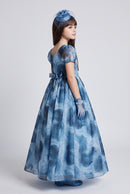 Blue Marble Print Organza Party Gown G393