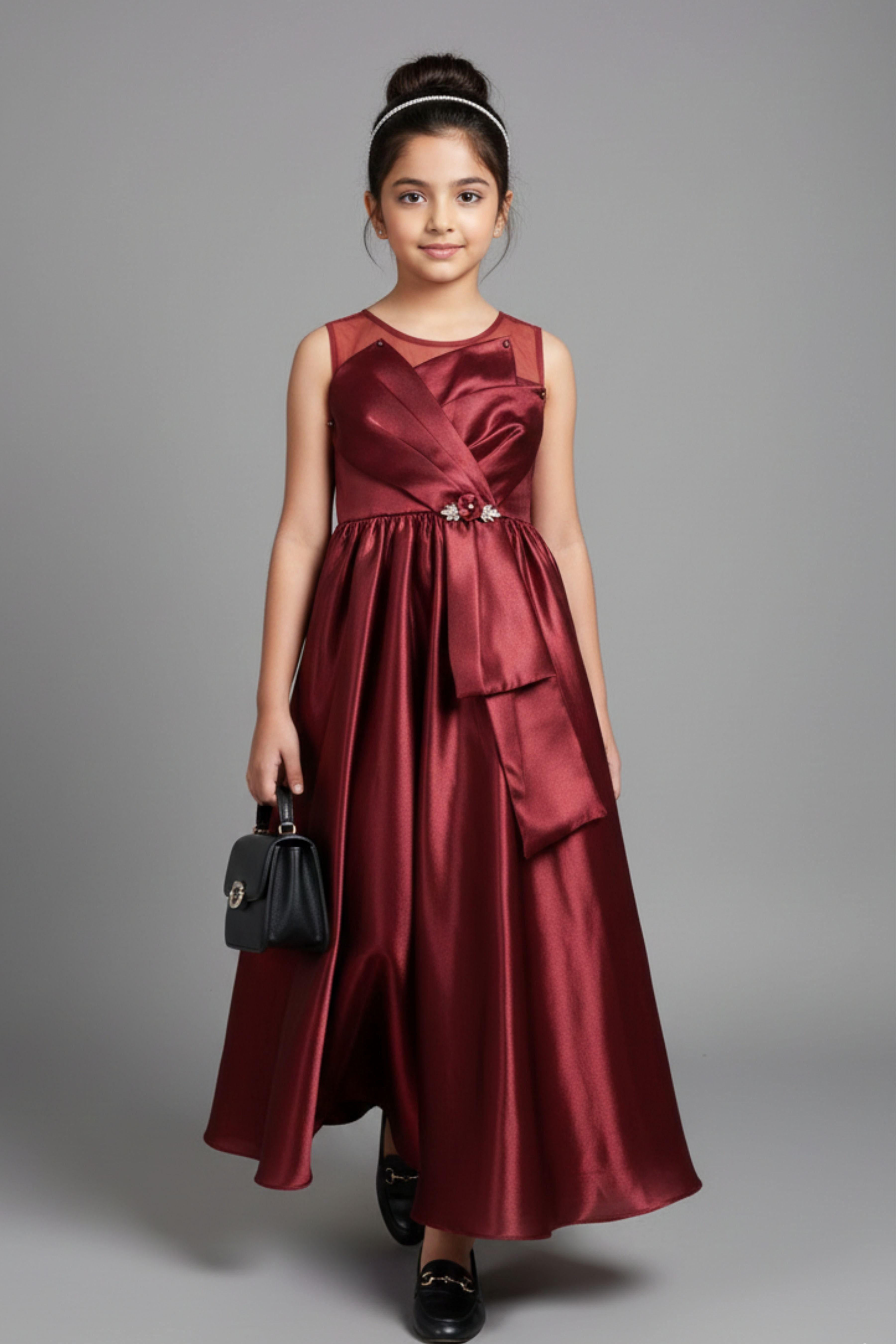 Tiny Girl Rosewood Satin Party Gown for Girls