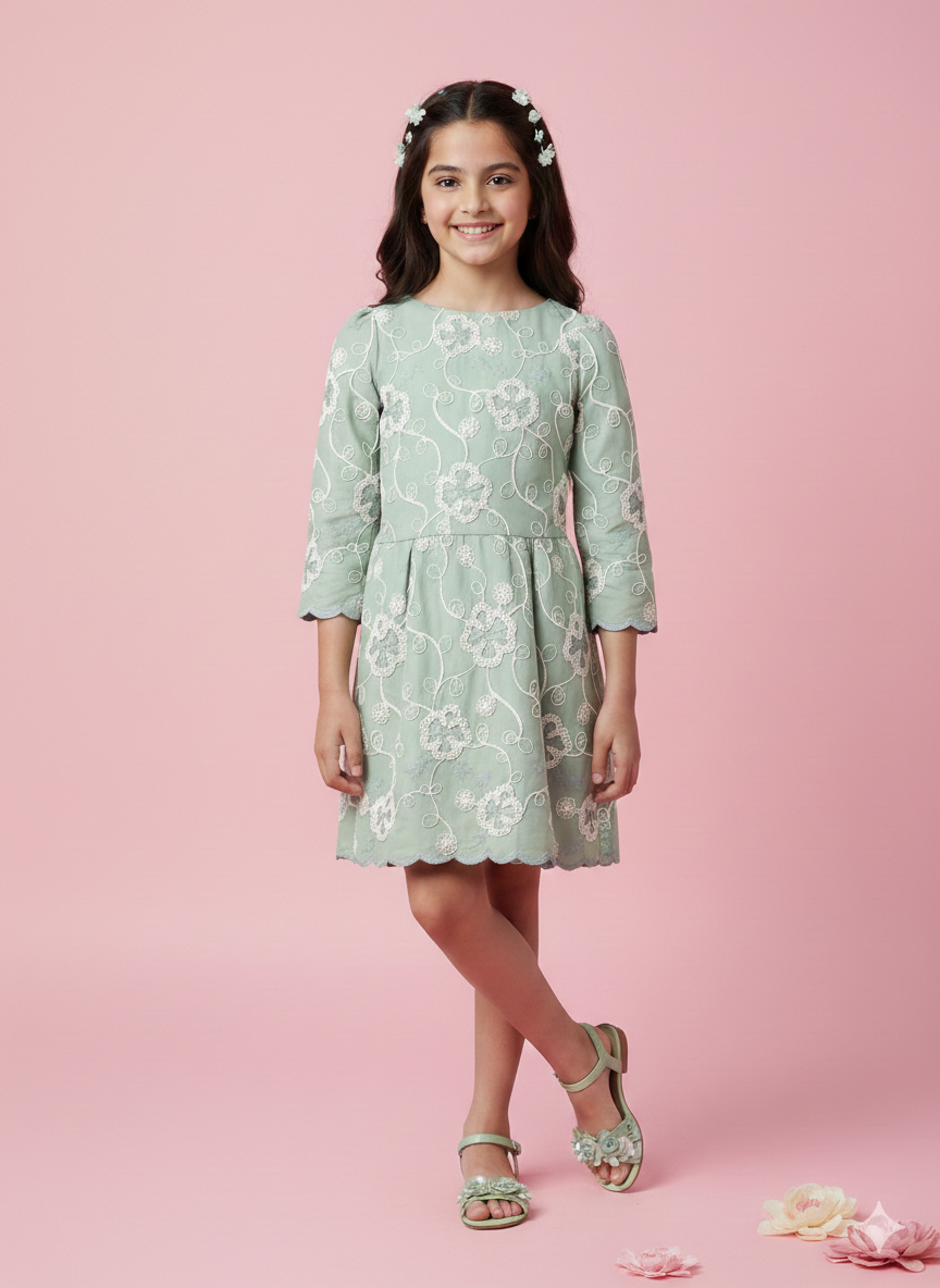 Tiny Girl Girls Dress Green Embroidered Cotton Summer Wear