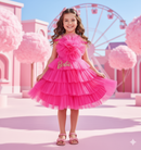 Barbie Pink Layered Ruffle Party Dress for Girls | Off-Shoulder Flower Design | Festive & Birthday Outfit