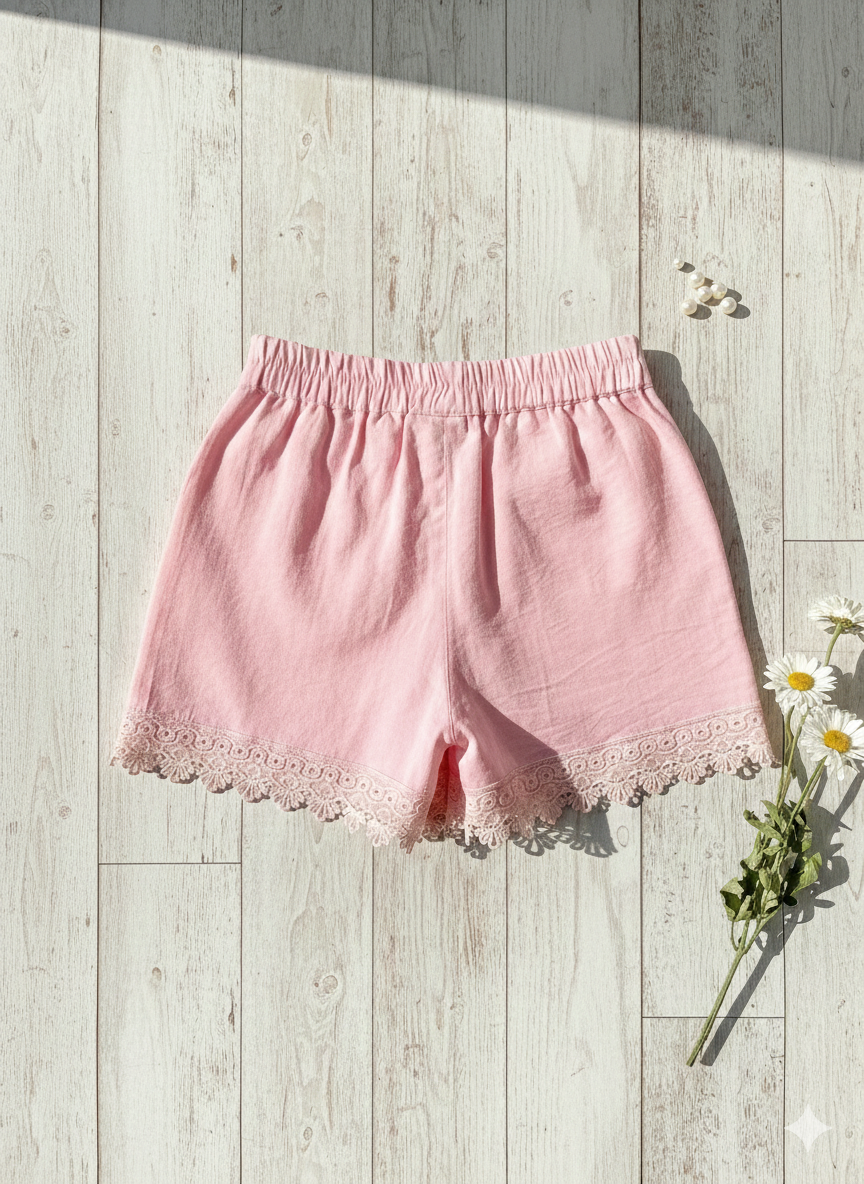 Girls Flamingo Pink Lace Hem Shorts H1037