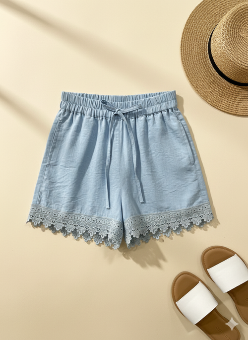 Girls Powder Blue Lace Hem Shorts H1037