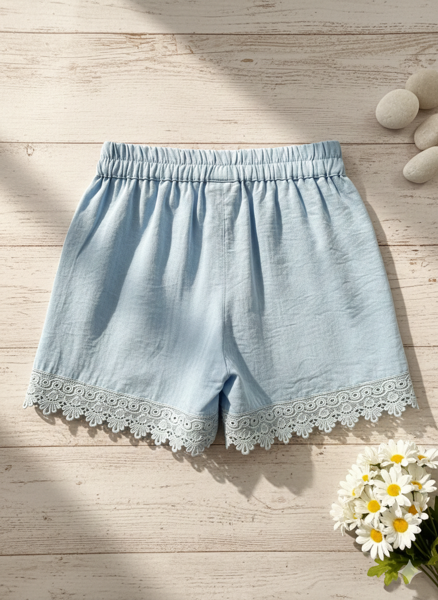 Girls Powder Blue Lace Hem Shorts H1037