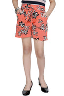 Tiny Girl Peach Floral Printed High-Waist Shorts with Tie-Up Belt