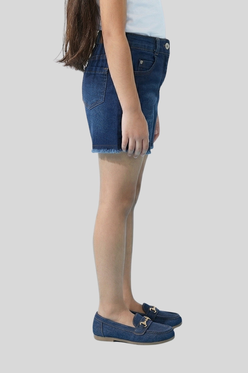 Dark Blue Denim Shorts with Frayed Hem H846