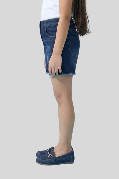 Dark Blue Denim Shorts with Frayed Hem H846