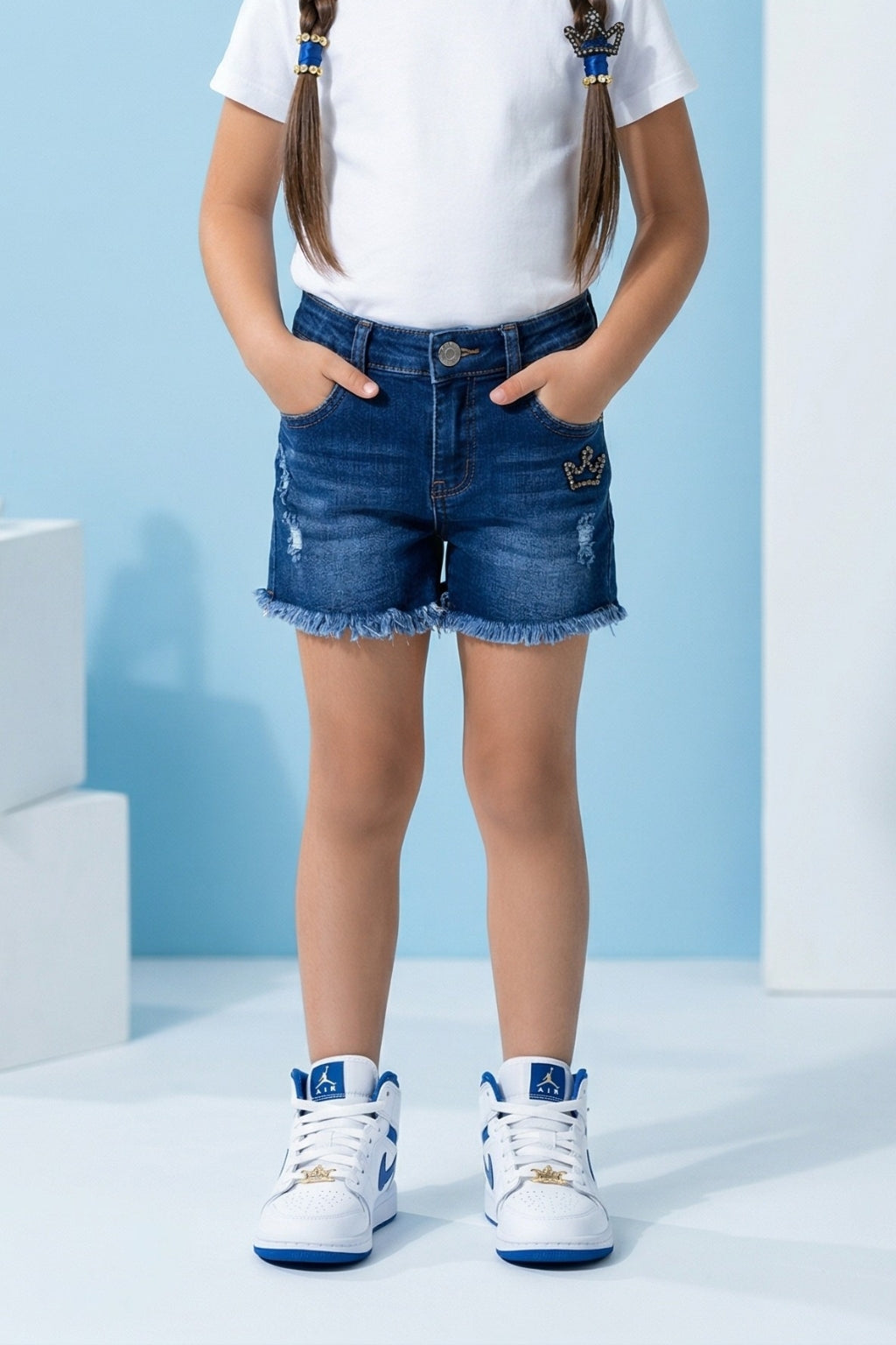 Dark Blue Distressed Denim Shorts H943