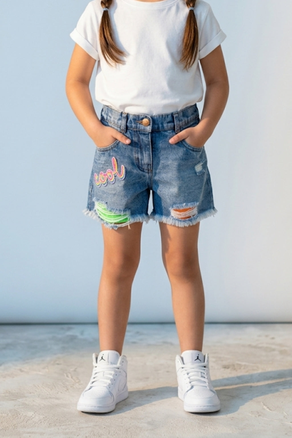 Light Blue Denim Shorts with Frayed Hem H981