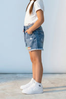 Light Blue Denim Shorts with Frayed Hem H981