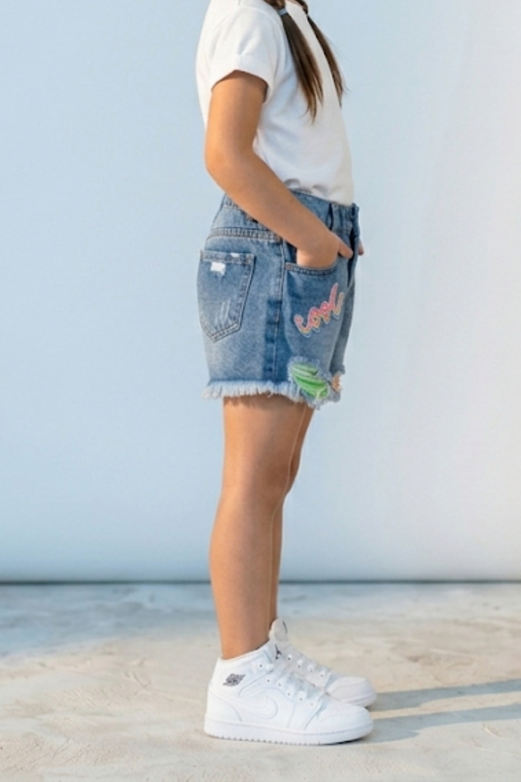 Light Blue Denim Shorts with Frayed Hem H981