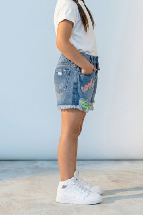 Light Blue Denim Shorts with Frayed Hem H981
