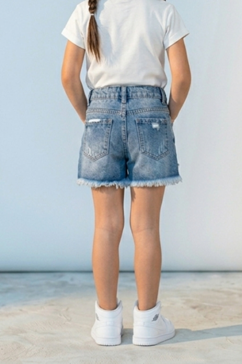 Light Blue Denim Shorts with Frayed Hem H981