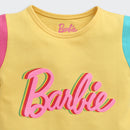 Yellow Color-Block Barbie Logo T-Shirt – Fun Casual Style