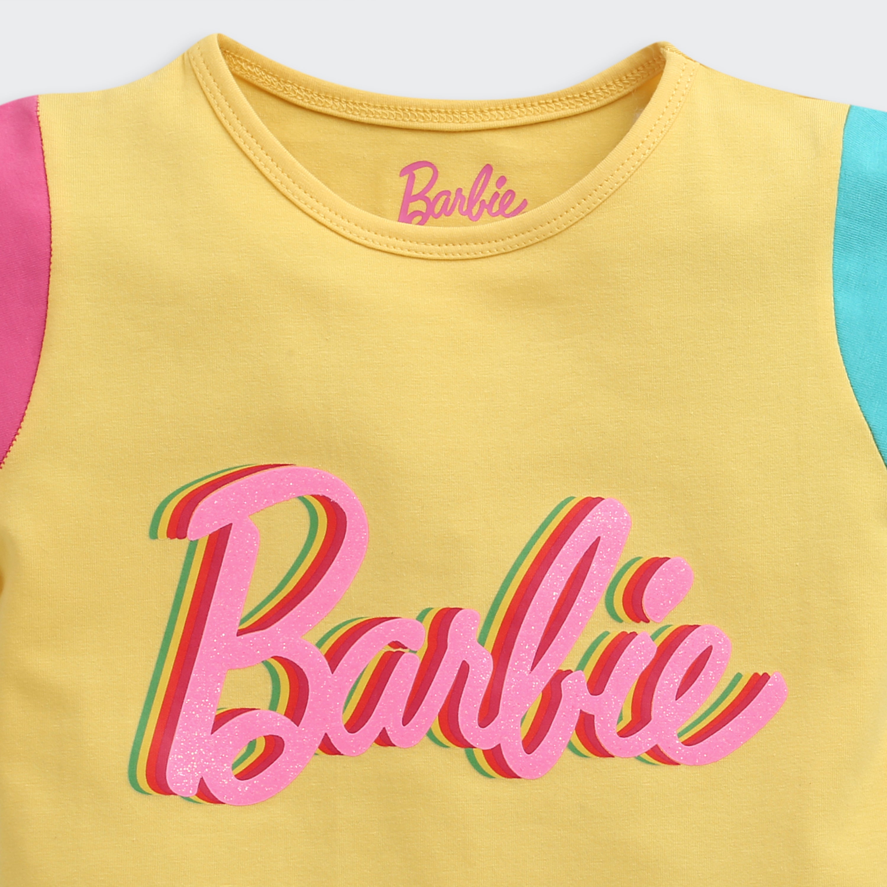 Yellow Color-Block Barbie Logo T-Shirt – Fun Casual Style