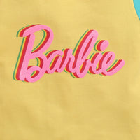 Yellow Color-Block Barbie Logo T-Shirt – Fun Casual Style