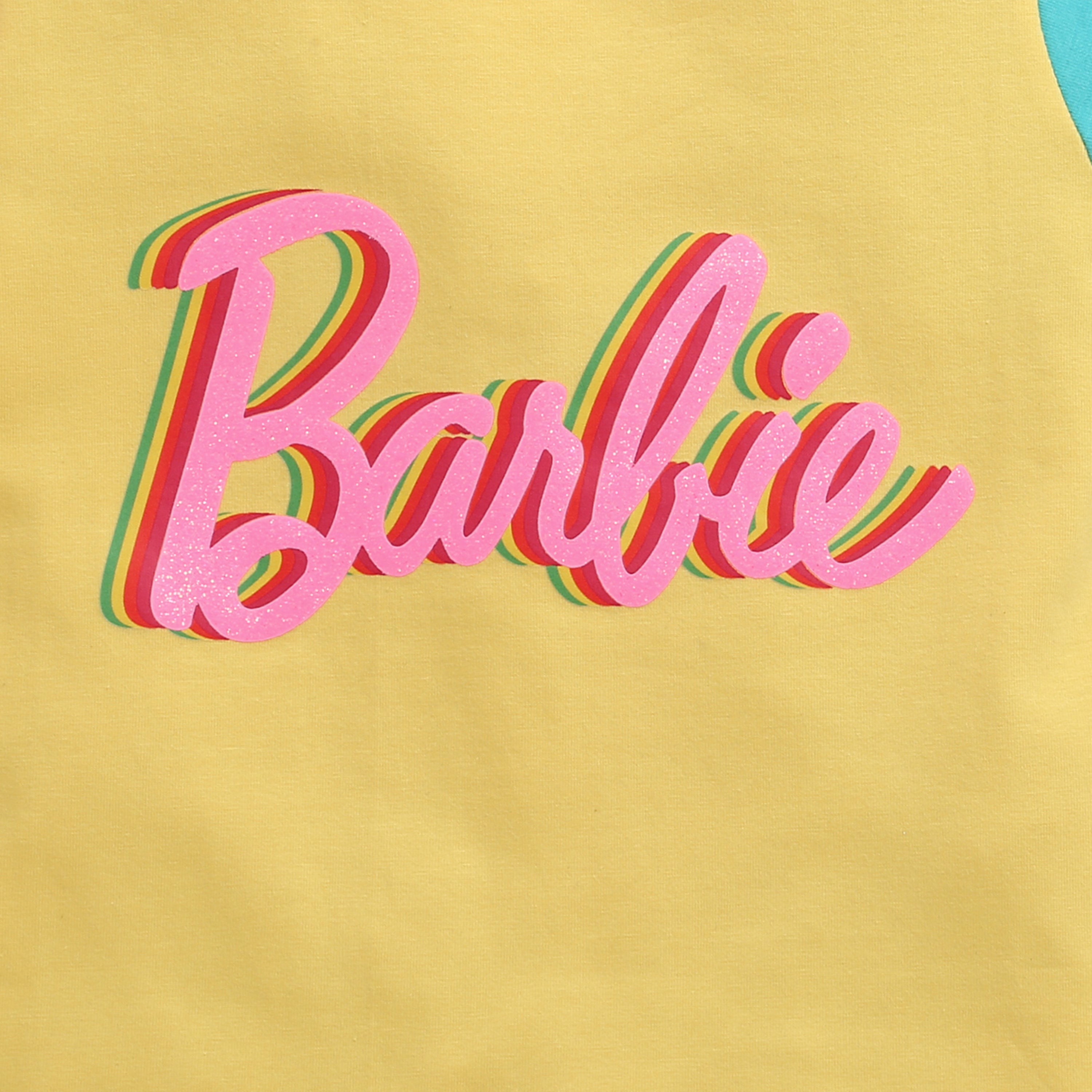 Yellow Color-Block Barbie Logo T-Shirt – Fun Casual Style