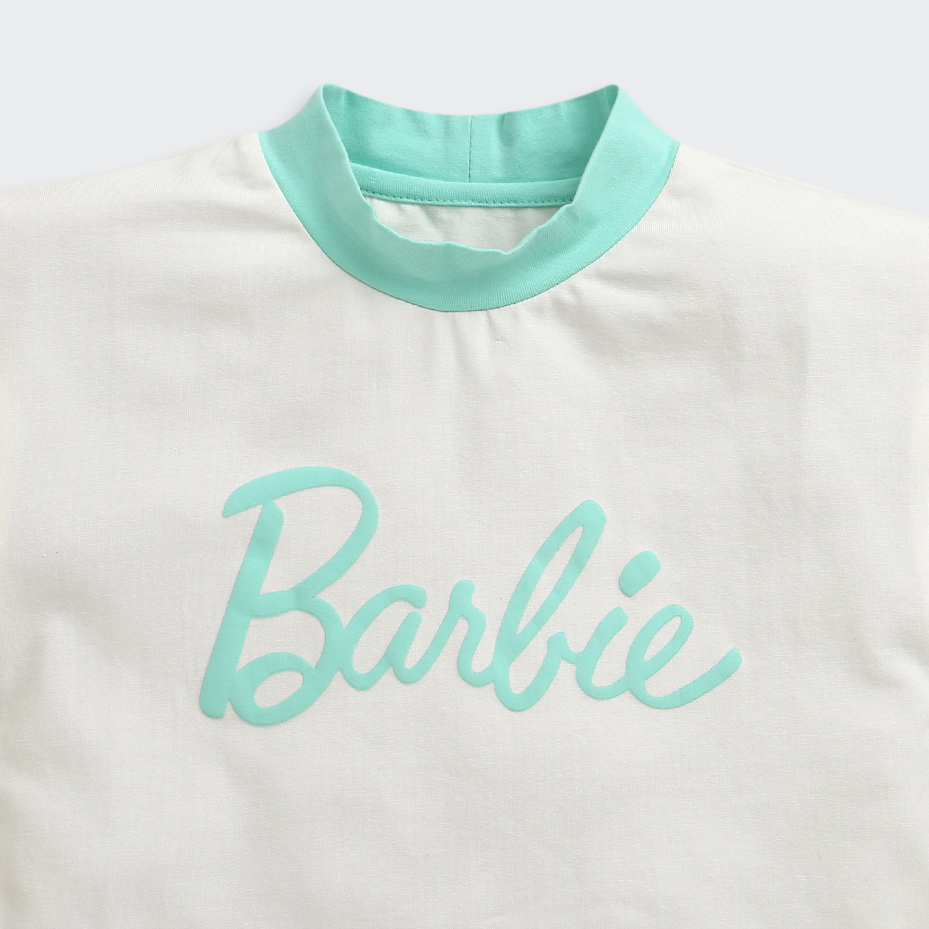 White Color-Block Barbie Logo Tee – Trendy Casual Top for Girls