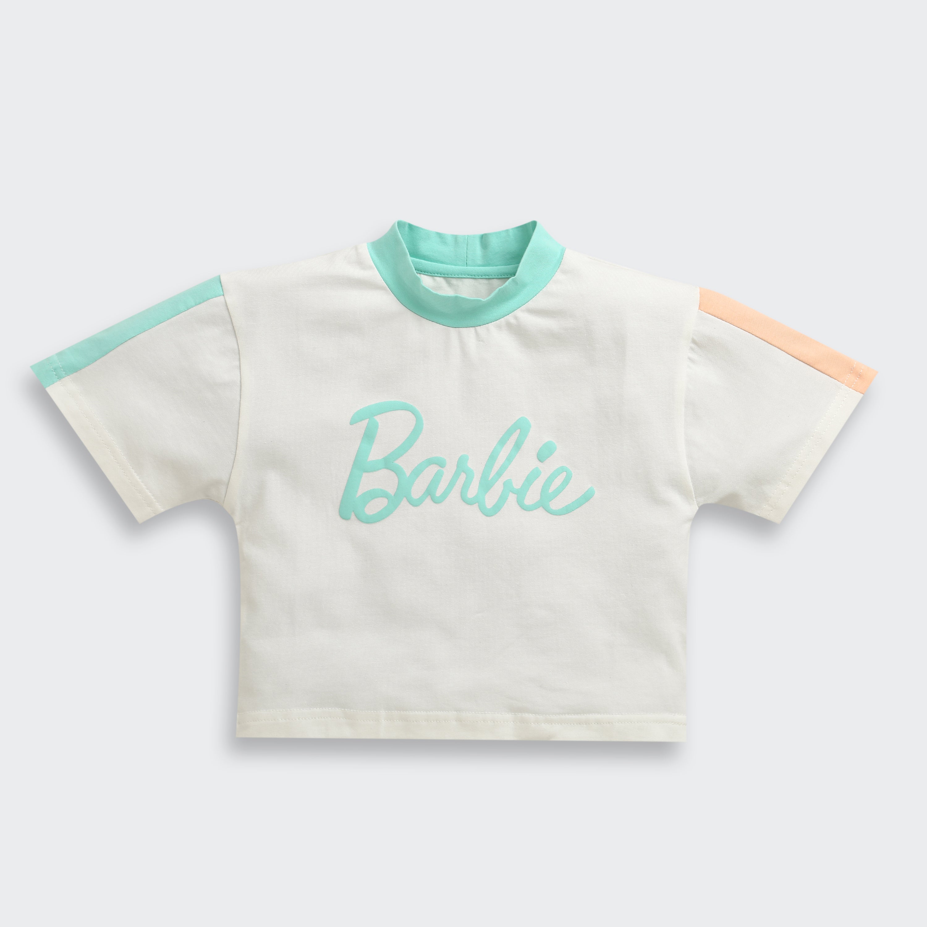 White Color-Block Barbie Logo Tee – Trendy Casual Top for Girls