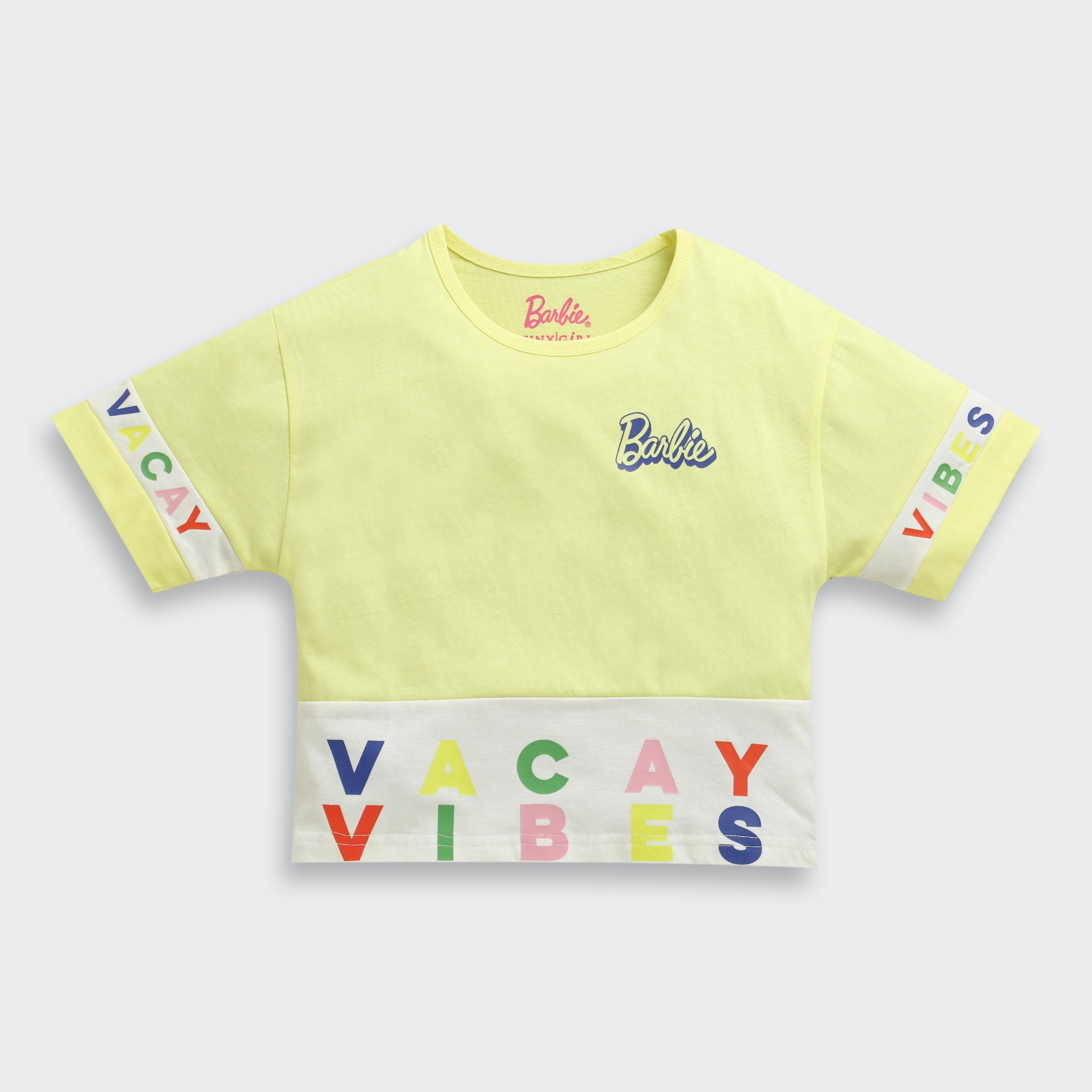 Yellow Barbie Vacay Vibes Crop Tee – Playful Holiday Style