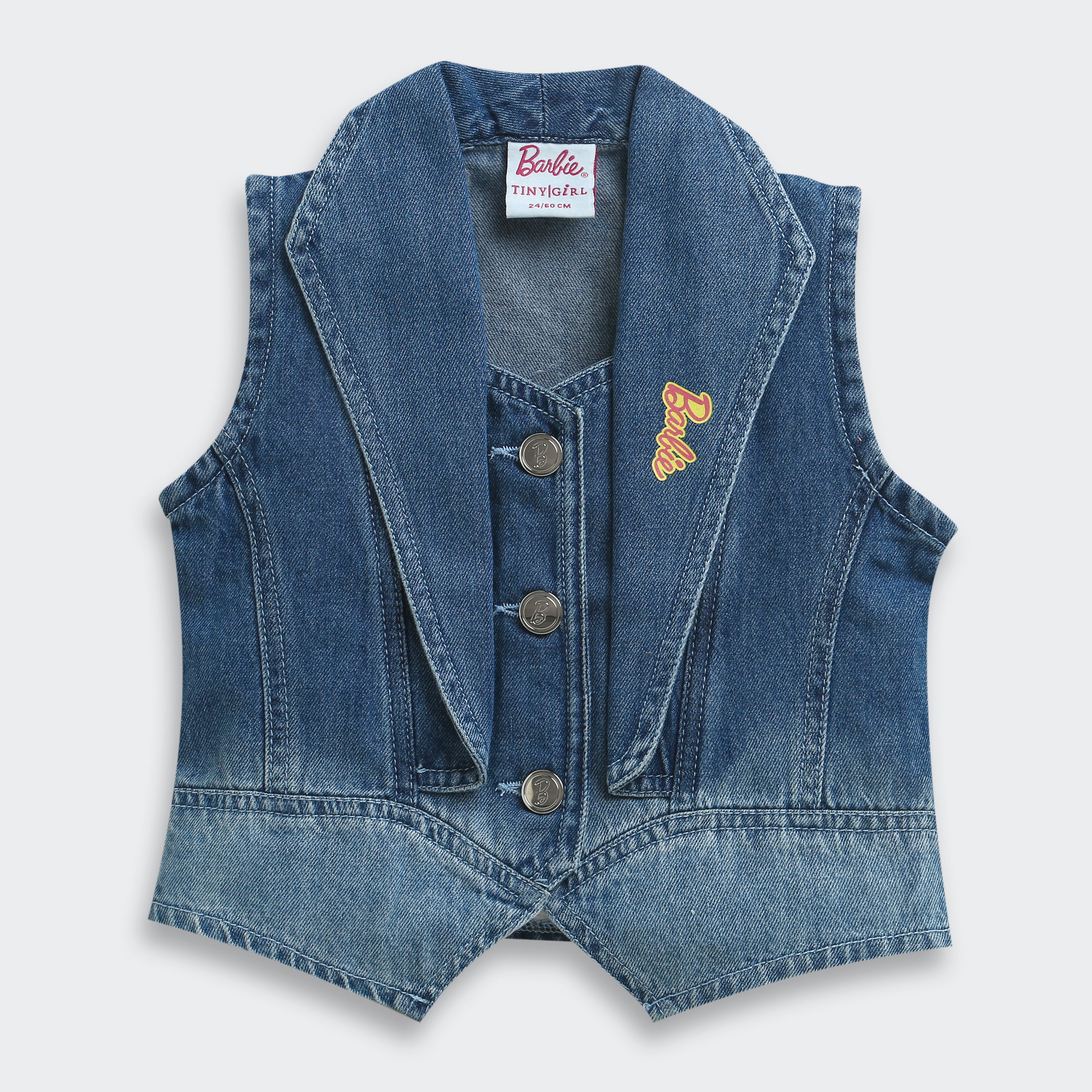 Barbie Blue Denim Sleeveless Blazer Vest For Girls | Trendy Layering Casual Wear | Kids | Tiny Girl India