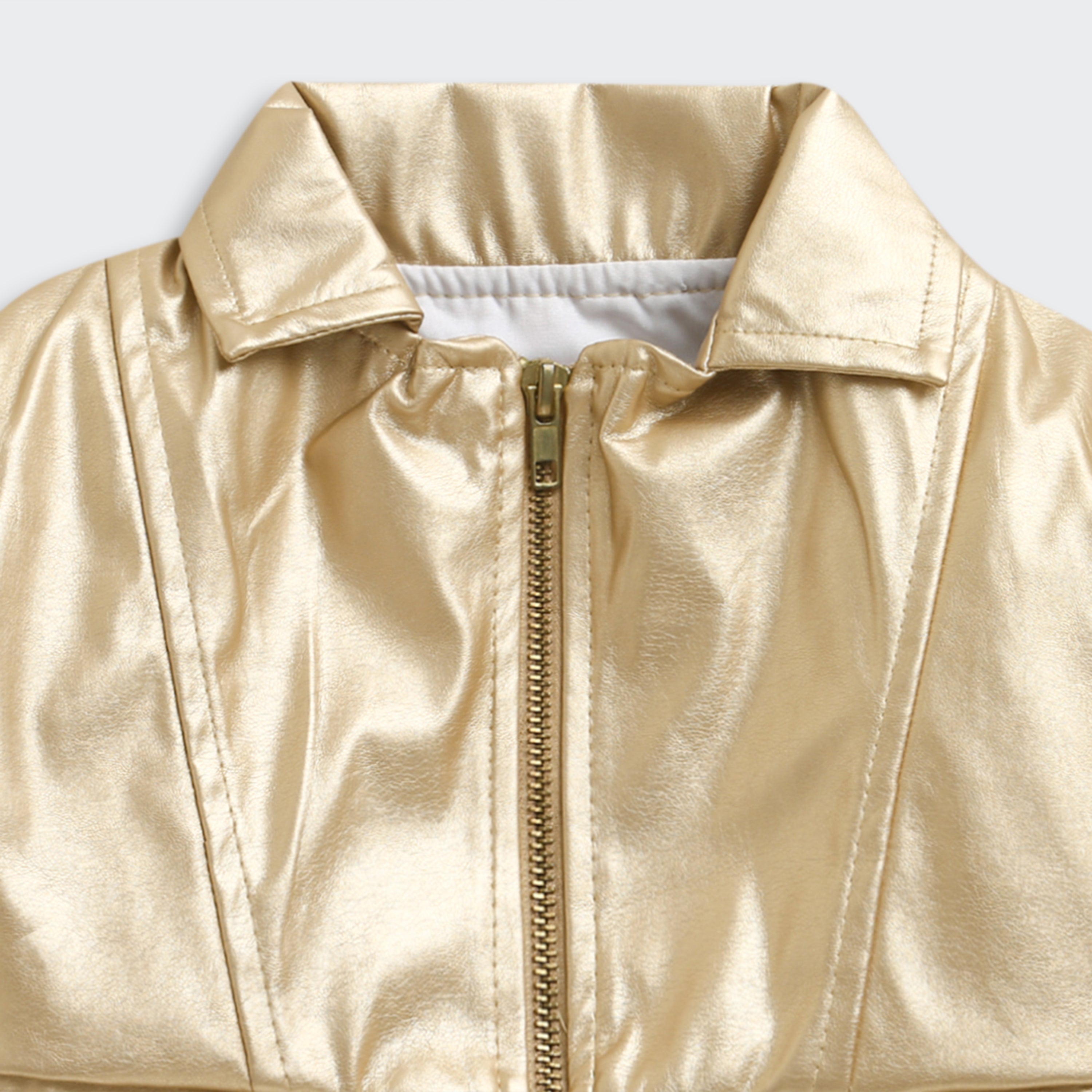 Barbie Gold Metallic Cropped Zip Jacket For Girls | Trendy Party Outerwear | Kids | Tiny Girl India