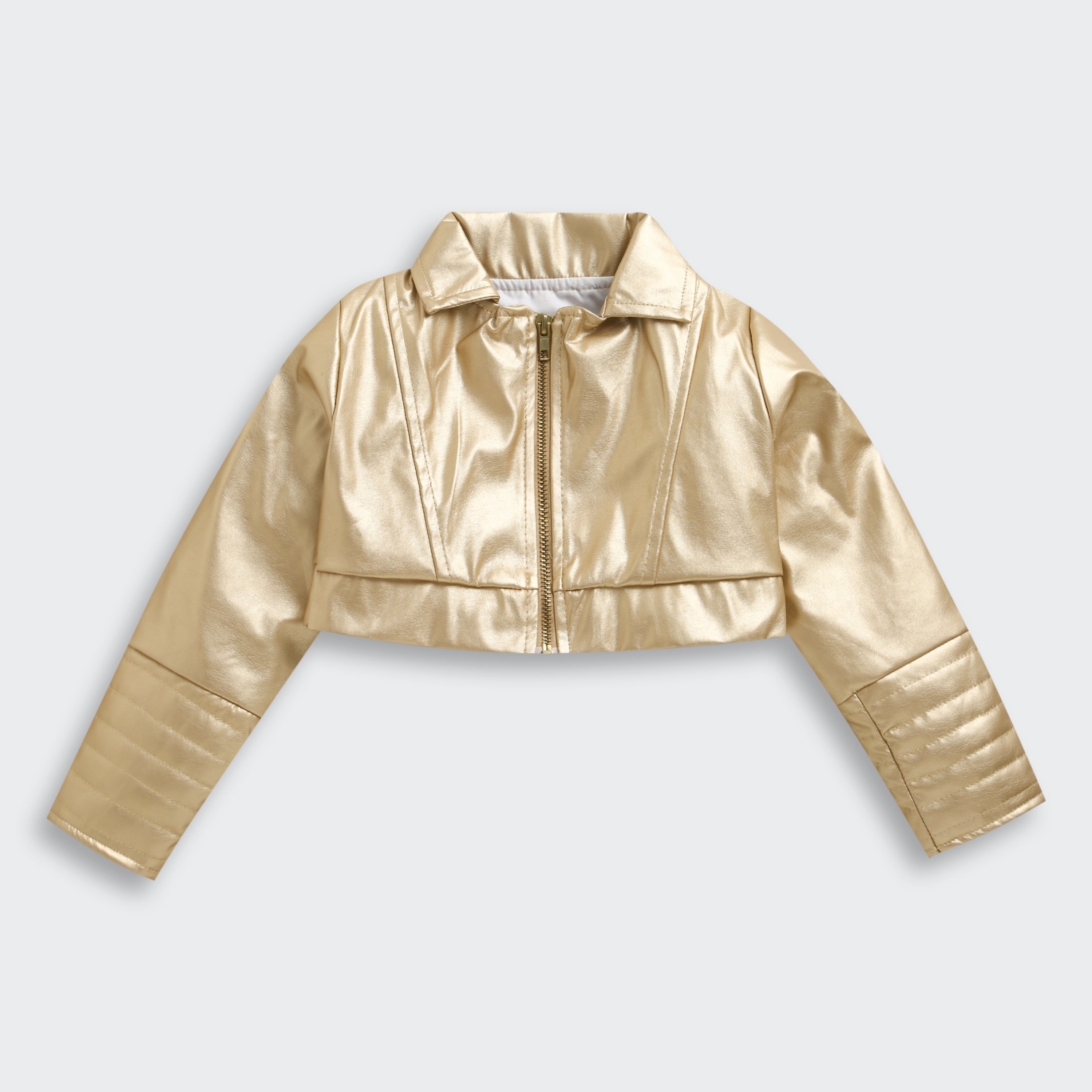 Barbie Gold Metallic Cropped Zip Jacket For Girls | Trendy Party Outerwear | Kids | Tiny Girl India