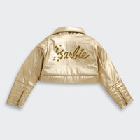 Barbie Gold Metallic Cropped Zip Jacket For Girls | Trendy Party Outerwear | Kids | Tiny Girl India