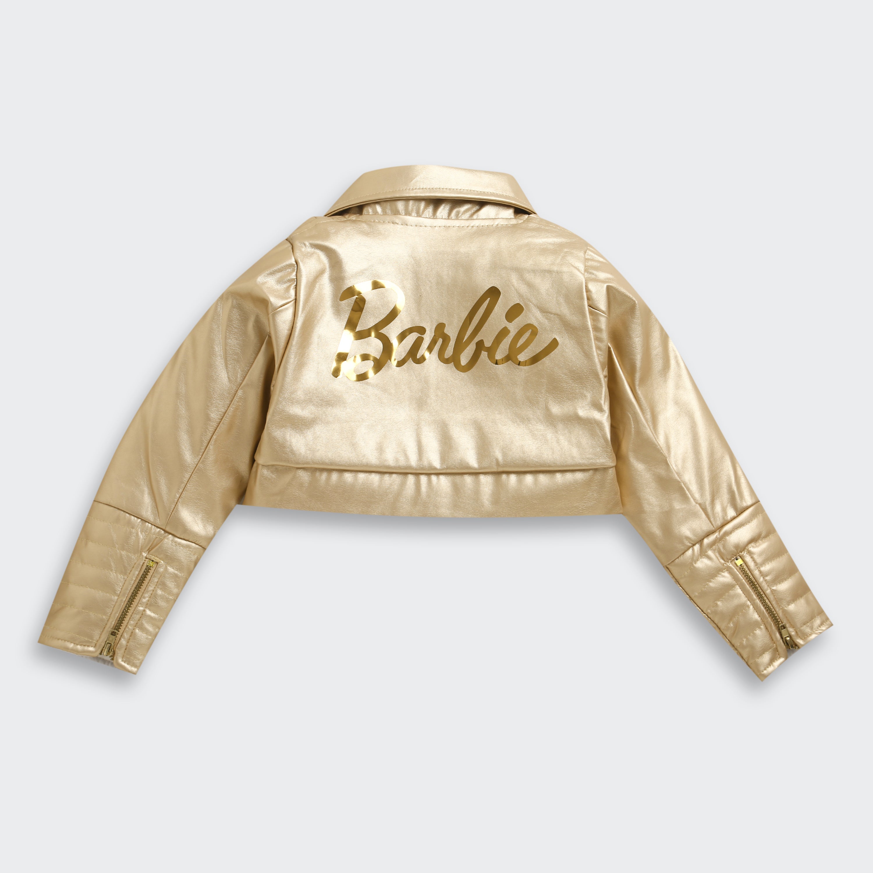 Barbie Gold Metallic Cropped Zip Jacket For Girls | Trendy Party Outerwear | Kids | Tiny Girl India