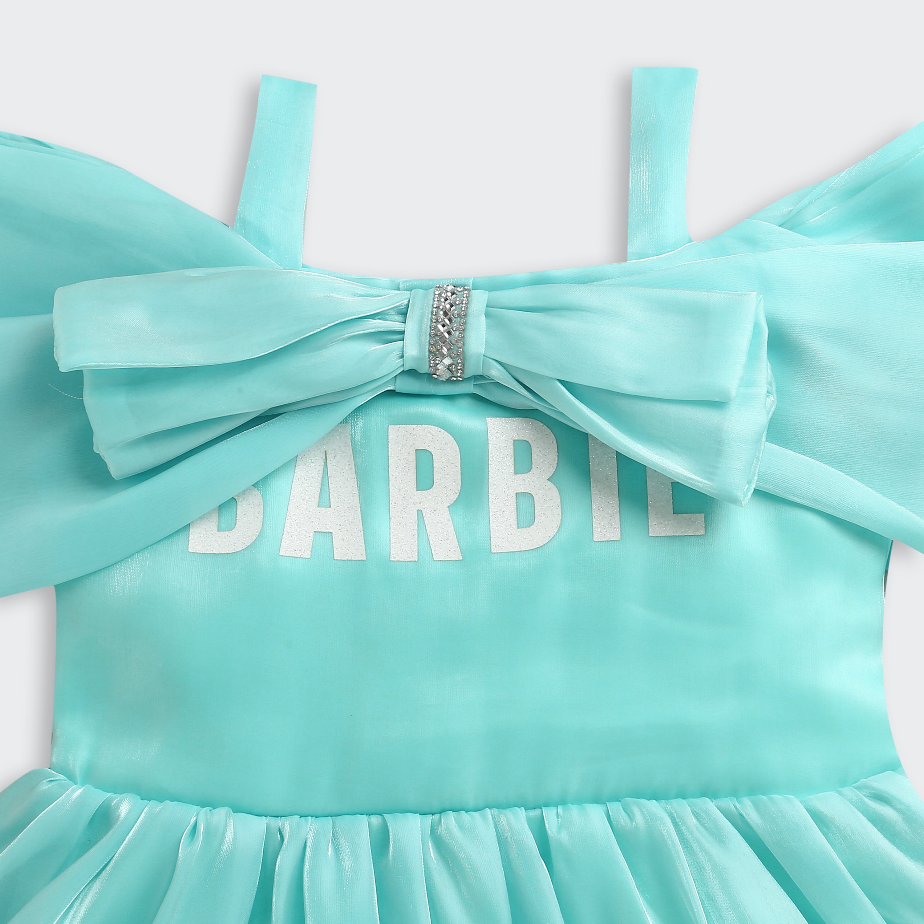 Barbie Aqua Satin Bow Detail Party Dress For Girls | Stylish Birthday Outfit | Kids | Tiny Girl India