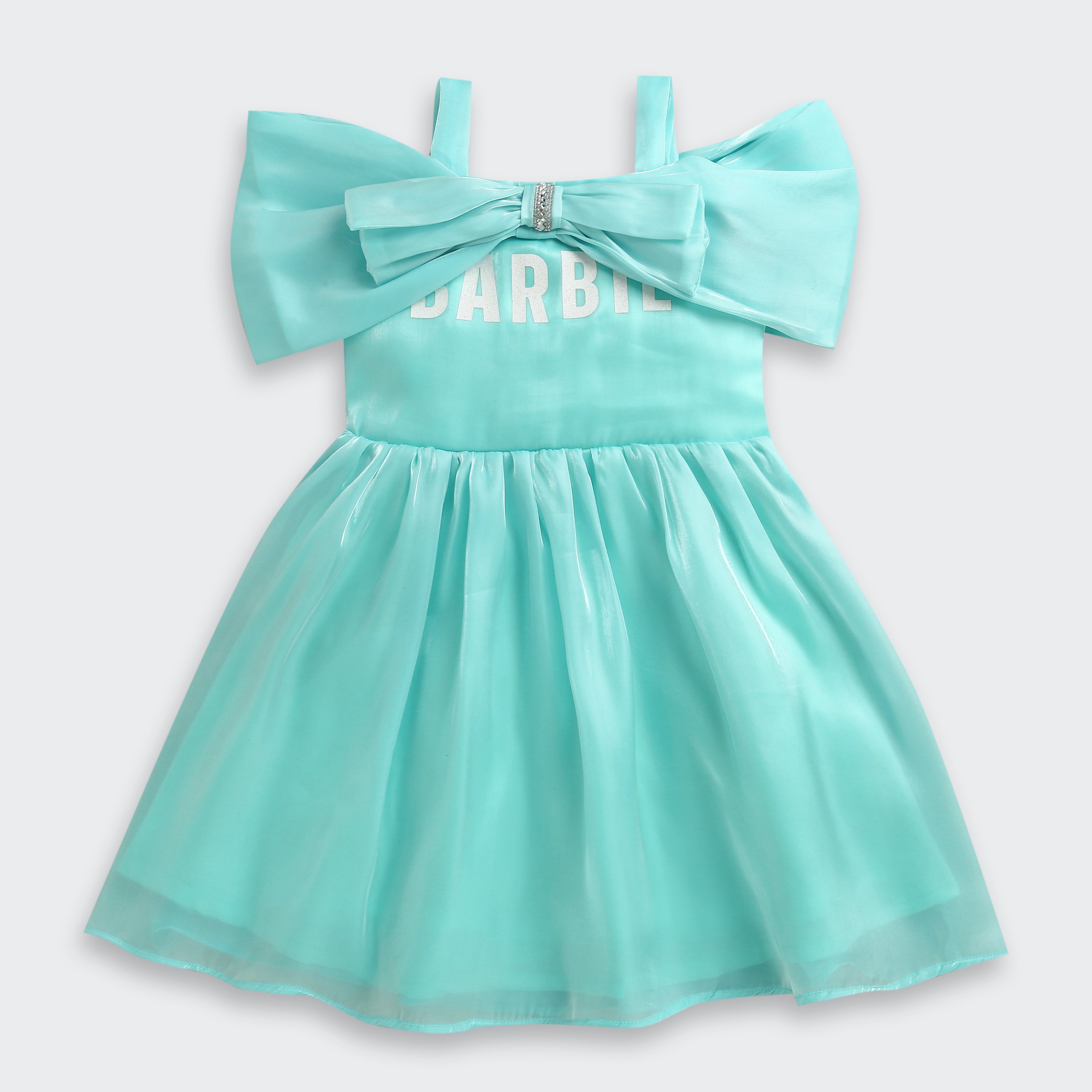 Barbie Aqua Satin Bow Detail Party Dress For Girls | Stylish Birthday Outfit | Kids | Tiny Girl India