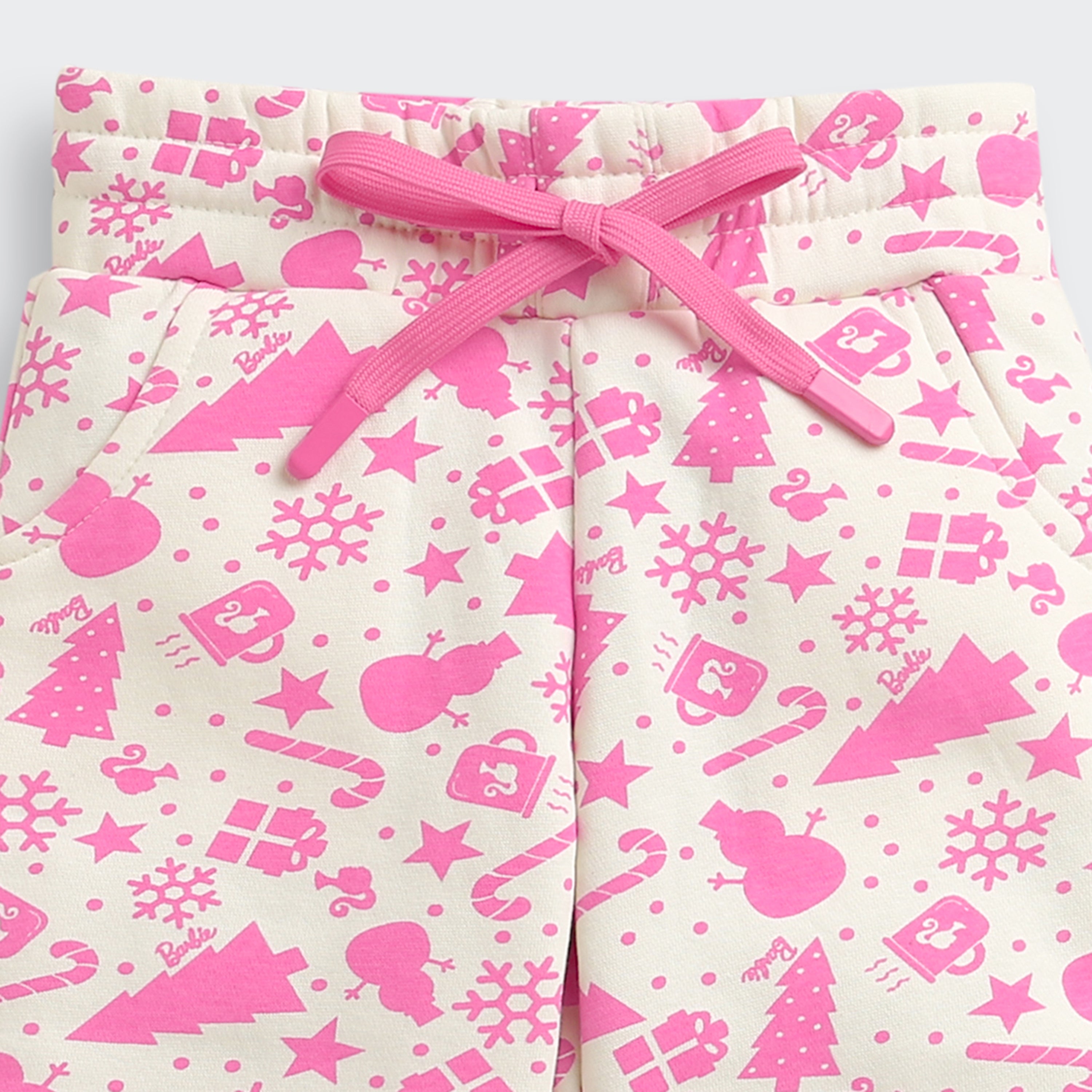 Girls White & Pink Printed Joggers | Festive Kids Track Pants | Cozy Cotton Lowers for Winter | Trendy Children's Loungewear | Buy Kids Winterwear India