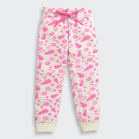 Girls White & Pink Printed Joggers | Festive Kids Track Pants | Cozy Cotton Lowers for Winter | Trendy Children's Loungewear | Buy Kids Winterwear India