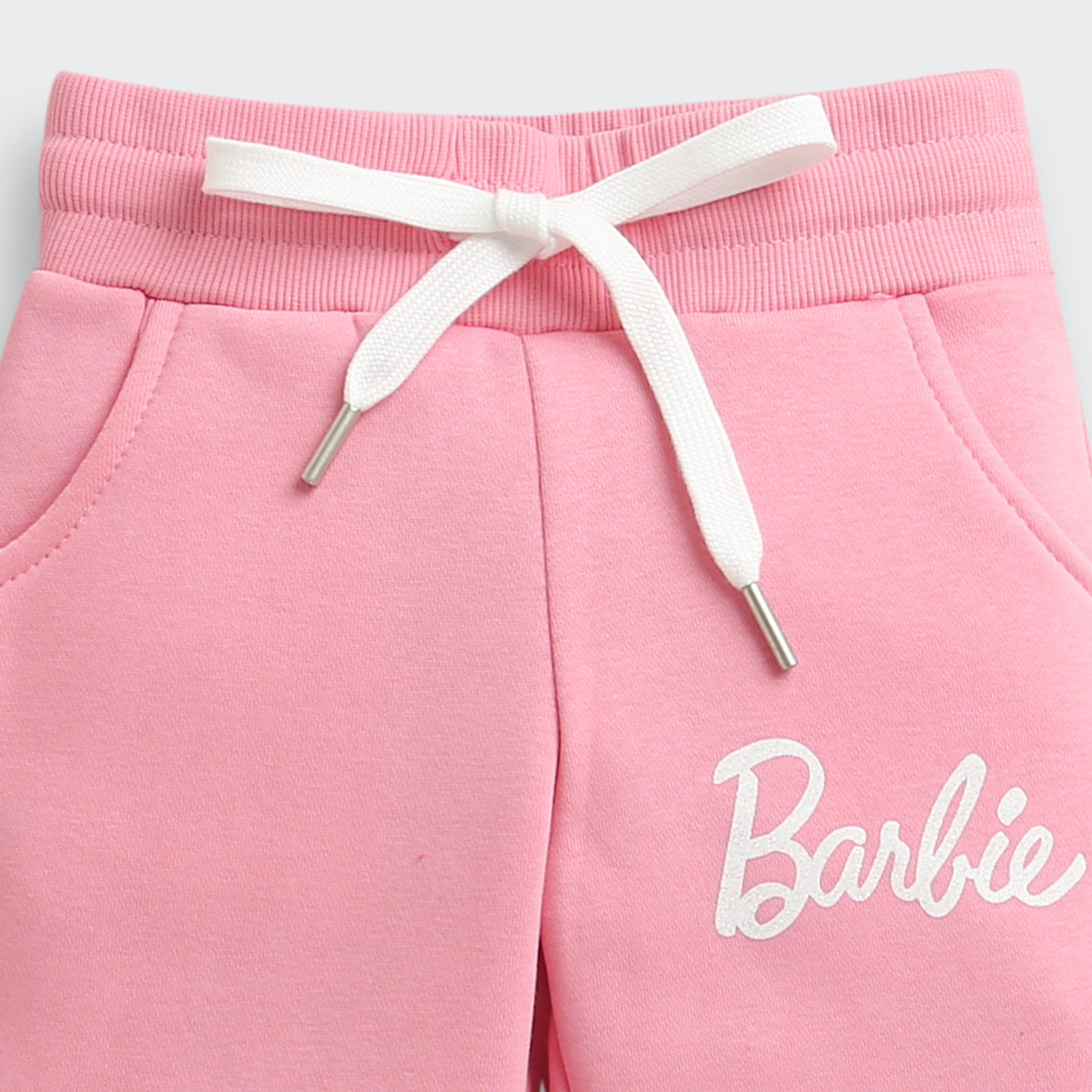 Barbie Light Pink Fleece Jogger Pants For Girls | Soft Winter Bottoms With Drawstring Waist | Kids | Tiny Girl India