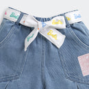 Barbie Dark Blue Denim Shorts For Girls | Logo Belt Tie Fashion Shorts | Summer Casual Wear | Tiny Girl India
