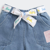 Barbie Dark Blue Denim Shorts For Girls | Logo Belt Tie Fashion Shorts | Summer Casual Wear | Tiny Girl India