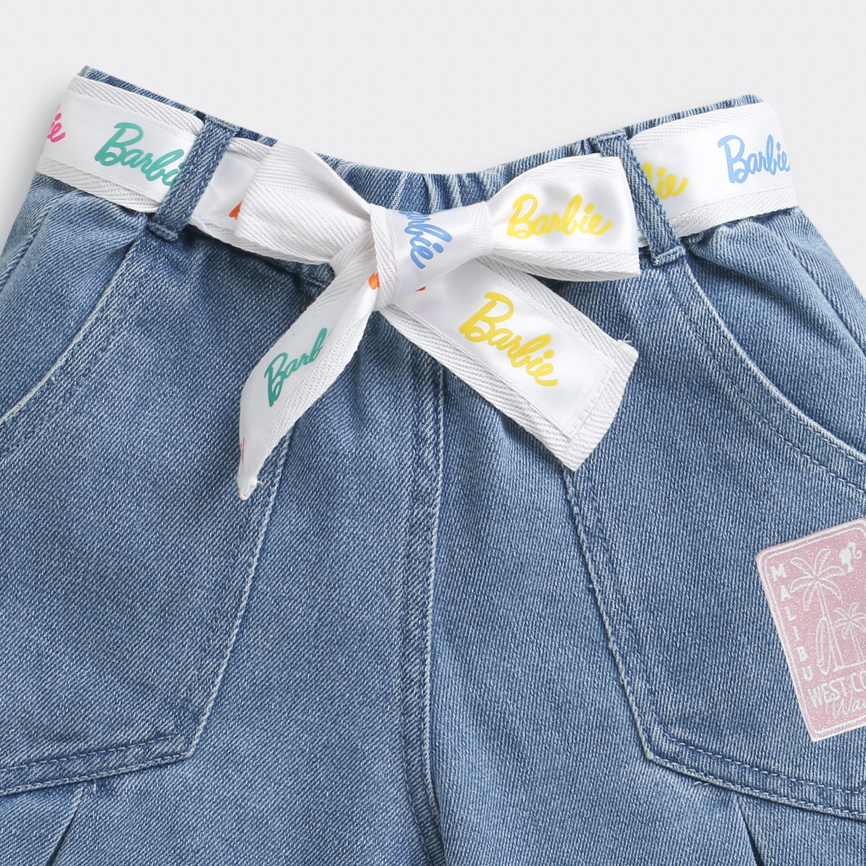 Barbie Dark Blue Denim Shorts For Girls | Logo Belt Tie Fashion Shorts | Summer Casual Wear | Tiny Girl India