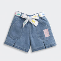 Barbie Dark Blue Denim Shorts For Girls | Logo Belt Tie Fashion Shorts | Summer Casual Wear | Tiny Girl India