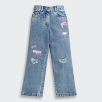 Barbie Distressed Patchwork Girls Light Blue Jeans | Trendy Girls Outfit Online | Kids