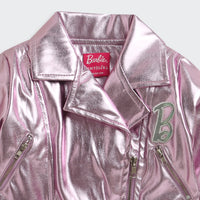 Barbie Metallic Pink Faux Leather Jacket For Girls | Trendy Party Outerwear | Kids | Tiny Girl India