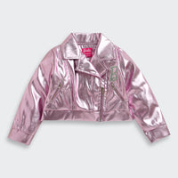 Barbie Metallic Pink Faux Leather Jacket For Girls | Trendy Party Outerwear | Kids | Tiny Girl India
